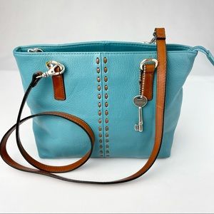 Fossil Blue/Tan Pebbled Leather Crossbody #ZB7013